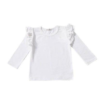 Girls' Cotton T Shirt Long Sleeve For Everyday Casual Wear - white ruffle shoulder long sleeve tee for girls, soft 95% cotton