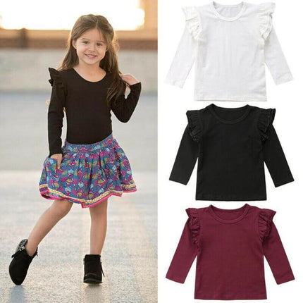 Girls' Cotton T Shirt Long Sleeve For Everyday Casual Wear - soft 95% cotton ruffle-shoulder long sleeve tee in white black and burgundy for girls, sizes 80–120