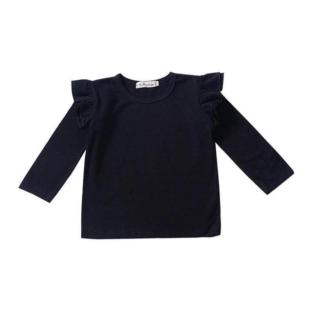 Girls' Cotton T Shirt Long Sleeve For Everyday Casual Wear - black long sleeve round-neck tee with ruffle shoulders, 95% cotton, sizes 80–120