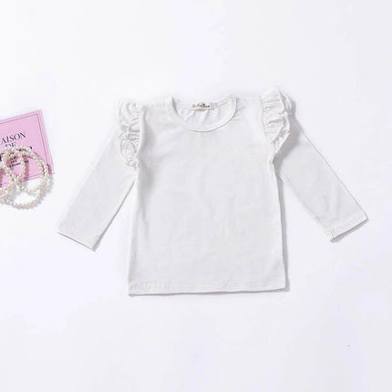 Girls' Cotton T Shirt Long Sleeve For Everyday Casual Wear — white ruffle-shoulder long sleeve tee for girls, soft breathable 95% cotton, sizes 80–120