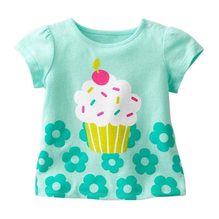 Girls Cotton Short Sleeve T Shirt With Cartoon Pattern Daily Wear - Mint cupcake print cotton tee for girls, short sleeves, round collar
