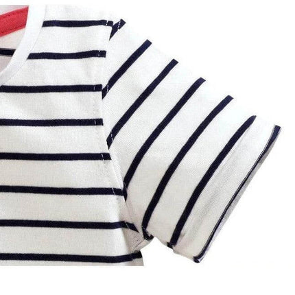 Girls Cotton Short Sleeve T Shirt With Cartoon Pattern Daily Wear - white cotton striped short sleeve close-up showing round collar and breathable fabric