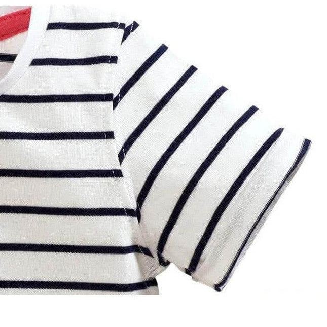 Girls Cotton Short Sleeve T Shirt With Cartoon Pattern Daily Wear - white cotton striped short sleeve close-up showing round collar and breathable fabric
