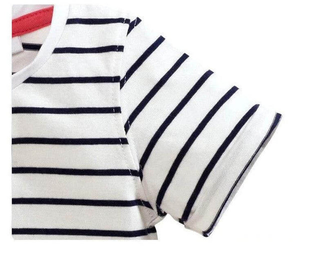 Girls Cotton Short Sleeve T Shirt With Cartoon Pattern Daily Wear - white cotton striped short sleeve close-up showing round collar and breathable fabric