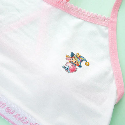 Girls Cotton Sports Vest Underwear For School Everyday Comfort white stretch cotton vest with pink trim and small cartoon print, breathable school layer