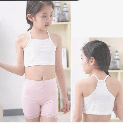 Girls Cotton Tube Top Camisole For Everyday Wear Sizes 120-160cm - white cotton sling-style camisole shown front and back on child model, breathable casual layer