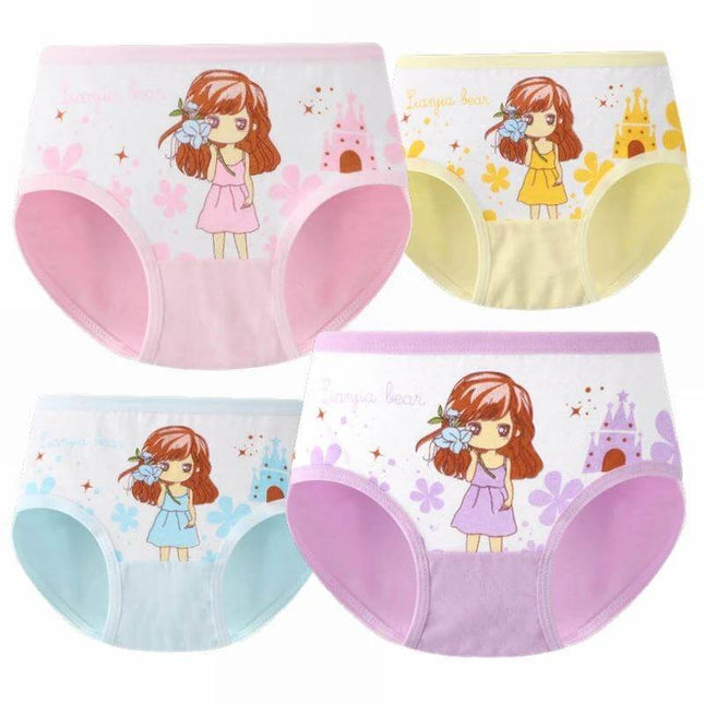 Girls' Cotton Underwear For Everyday Comfort Cartoon Print Sizes S To XL - 4-pack color-mixed girls' briefs with cartoon girl print, soft breathable cotton