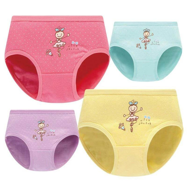 Girls' Cotton Underwear For Everyday Comfort Cartoon Print Sizes S To XL - 4-pack color-mixed breathable girls' cotton briefs with soft waistband and playful prints