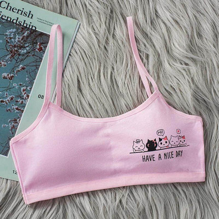 Girls Cotton Vest Bra, Free Size, For Everyday Wear - pink ultra-thin cotton vest bra with cat print, breathable wire-free comfort for school and play