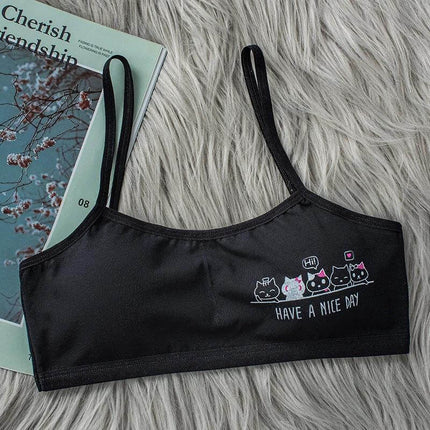 Girls Cotton Vest Bra, Free Size, For Everyday Wear - ultra-thin black cotton vest bra with cute cat print "Have a Nice Day" for school or casual wear