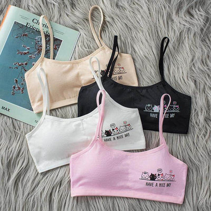 Girls Cotton Vest Bra, Free Size, For Everyday Wear - ultra-thin cotton vest bras in white black pink and skin with playful cat print, wire-free everyday comfort