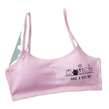 Girls Cotton Vest Bra, Free Size, For Everyday Wear - pink ultra-thin cotton vest bra with thin straps and cute cat print, breathable wire-free comfort