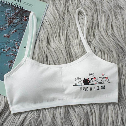 Girls Cotton Vest Bra, Free Size, For Everyday Wear - ultra-thin white cotton vest bra with cat print, breathable wire-free comfort for school or casual wear