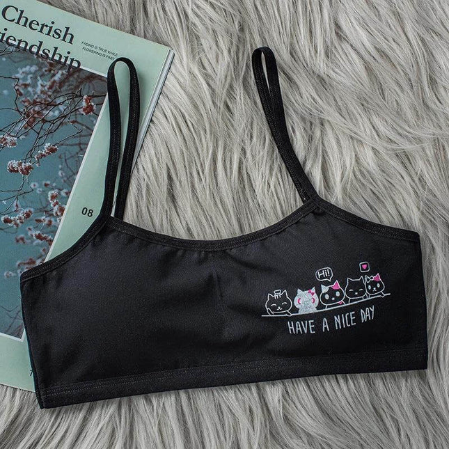 Girls Cotton Vest Bra, Free Size, For Everyday Wear - Ultra-thin black cotton vest bra with cat print and thin straps, breathable wire-free comfort