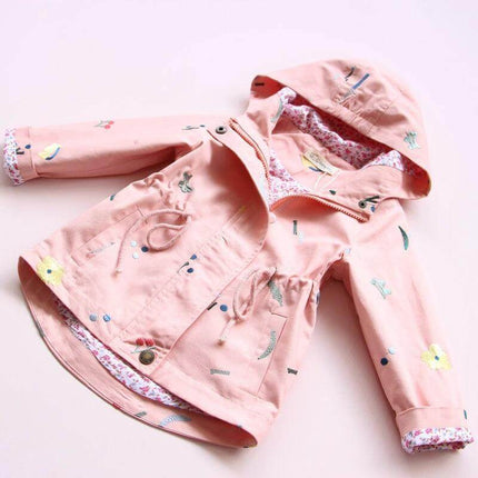 Children's Embroidered Windbreaker Jacket For Girls Ages 3 To 8 Blue - Pink Hooded Lightweight Spring/Autumn Coat