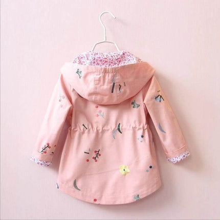 Children's Embroidered Windbreaker Jacket For Girls Ages 3 To 8 Blue - Lightweight blue spring/autumn hooded jacket with floral embroidery