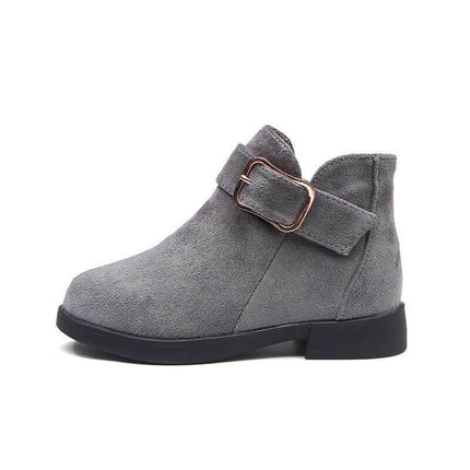 Girls Suede Leather Ankle Boots For Fall And Winter Wear - grey suede ankle boots with buckle strap, rubber sole, lightweight and wear-resistant