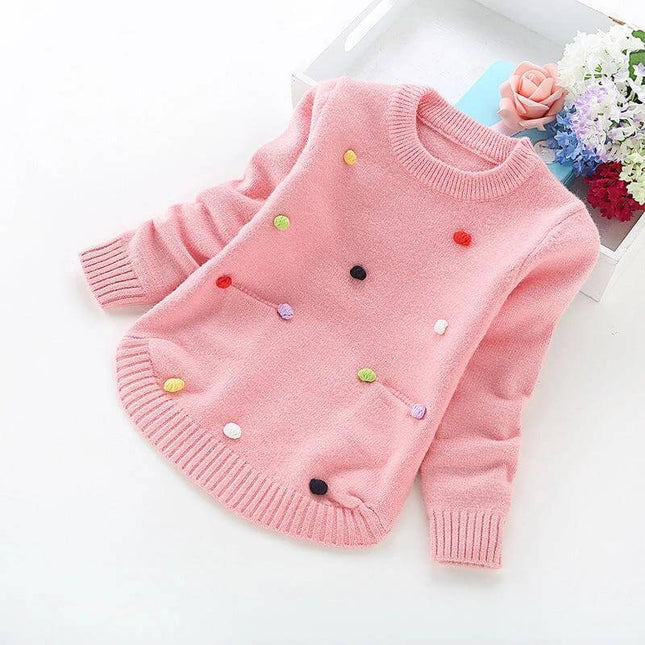 Girls' Round Neck Sweater For Everyday Wear Korean Version - purple cashmere blend kids sweater, soft cashmere 80% with decorative pom-poms, everyday school wear