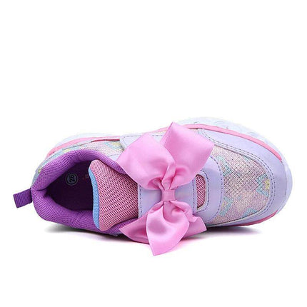 Girls Light Up Velcro Cartoon Sneakers With Cushioned Thicker Sole - pink glitter cartoon sneaker with bow, Velcro strap and light-up EVA cushioned sole