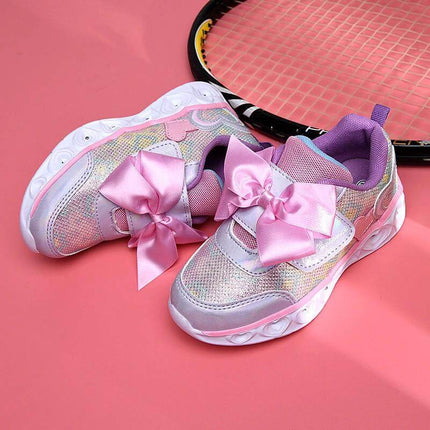 Girls Light Up Velcro Cartoon Sneakers With Cushioned Thicker Sole in pink shimmer with bow, velcro closure, light-up EVA sole for girls