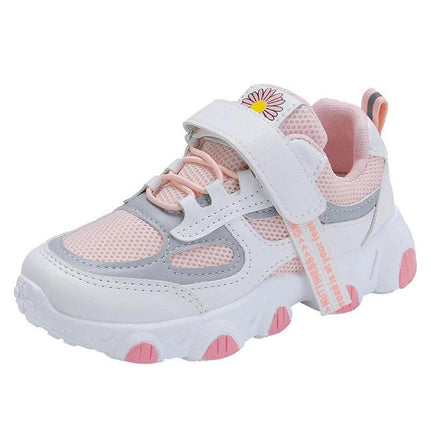 Girls Mesh Lightweight Breathable Sneakers For Everyday Wear - pink mesh girls sneaker with EVA sole, hook-and-loop strap and floral detail