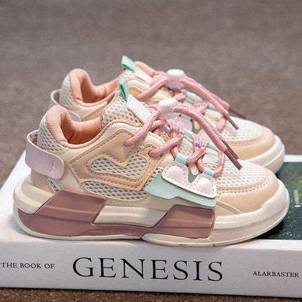 Girls Mesh Lightweight Breathable Sneakers For Everyday Wear - pink and pastel girls' mesh sneakers with EVA sole, breathable upper for school and play