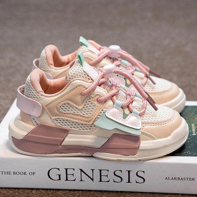 Girls Mesh Lightweight Breathable Sneakers For Everyday Wear - pink and pastel girls' mesh sneakers with EVA sole, breathable upper for school and play