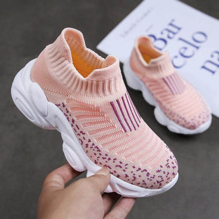 Alt Tag: Girls Lightweight Casual Shoes For Everyday Indoor And Outdoor Wear - pink knit slip-on with EVA sole for school and playground