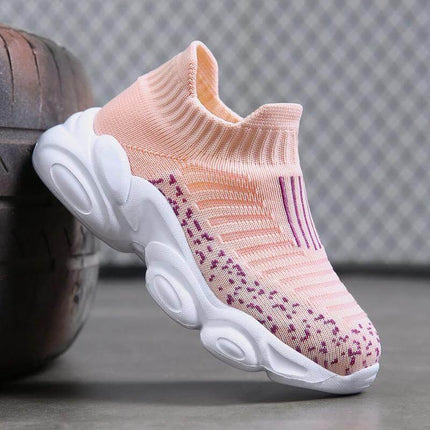 Girls Lightweight Casual Shoes For Everyday Indoor And Outdoor Wear - pink knit slip-on sneaker with breathable flying weave and white EVA sole
