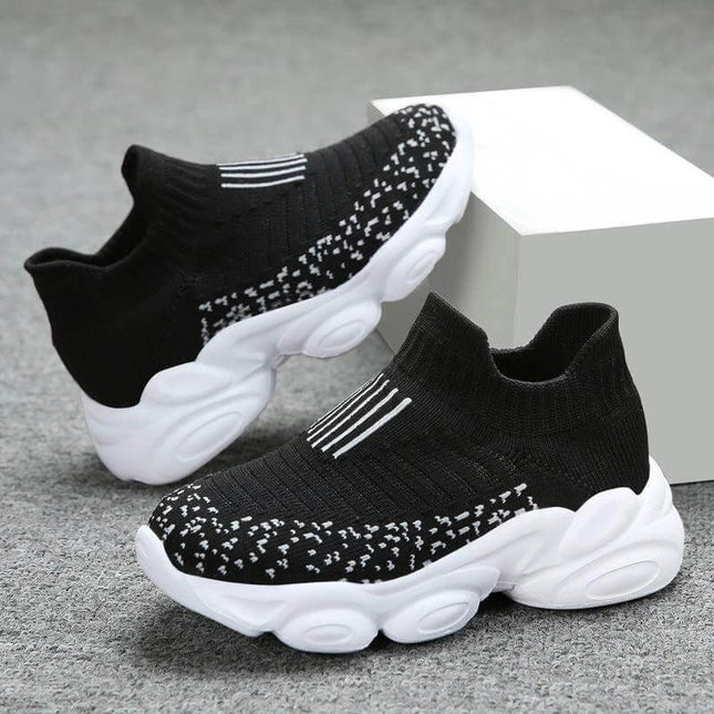 Girls Lightweight Casual Shoes For Everyday Indoor And Outdoor Wear - black knit slip-on sneaker with white EVA sole