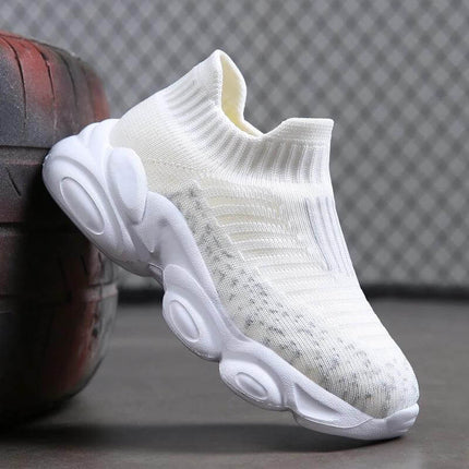Girls Lightweight Casual Shoes For Everyday Indoor And Outdoor Wear - white flying weave sock sneakers with EVA sole for school and playground