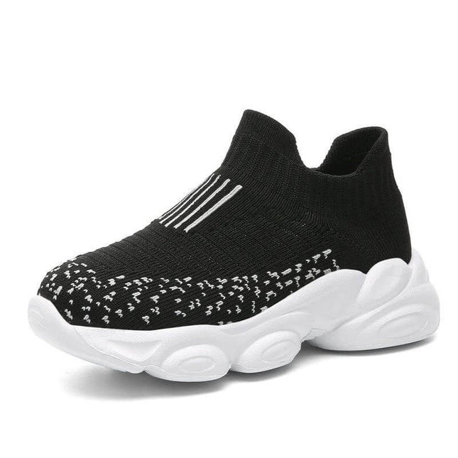 Girls Lightweight Casual Shoes For Everyday Indoor And Outdoor Wear - black knit slip-on with white EVA sole, breathable flying weave for school and play