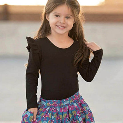 Girls' Cotton T Shirt Long Sleeve For Everyday Casual Wear - black long sleeve round-neck tee with ruffle shoulders on smiling girl, breathable 95% cotton