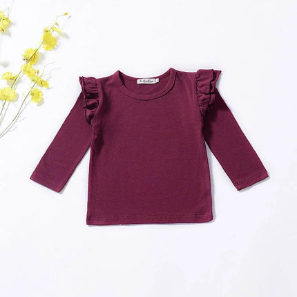 Girls' Cotton T Shirt Long Sleeve For Everyday Casual Wear - maroon ruffle shoulder cotton tee for girls, soft breathable long sleeve top