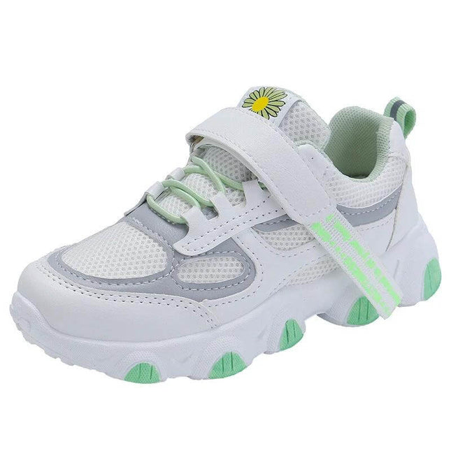 Girls Mesh Lightweight Breathable Sneakers For Everyday Wear - white and mint girls breathable mesh sneaker with EVA sole and daisy detail