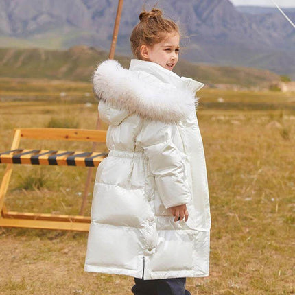 Girls' Fashion Simple Mid-Length Thick Coat Pink For Everyday Wear - girl wearing white mid-length puffer coat with fur hood, polyester casual school jacket