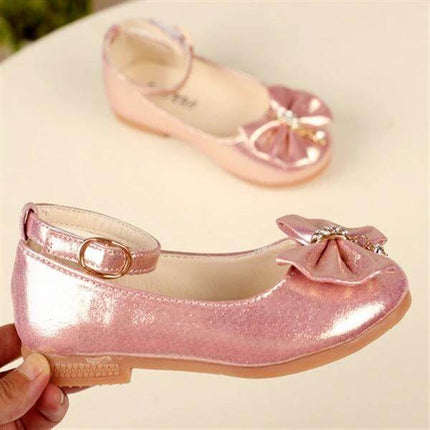 Girls Bow Shoes For Children With Size Guide 21 To 27 13 To 16 Cm - pink synthetic bow dress shoes, secure fit, easy-clean upper