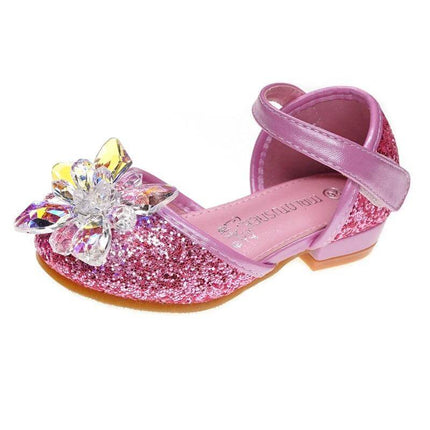 Girls Crystal Rhinestone Dress Shoes Pink Blue Silver shiny pink glitter shoe with crystal flower and ankle strap for girls special occasions