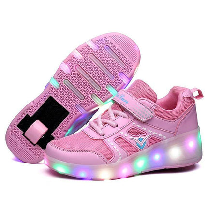 Girls Roller Skates With PU Wheels For Casual Outdoor Fun - pink light-up double-wheel kids skates with PU wheels and hook-and-loop strap