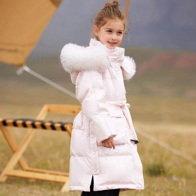 Girls' Fashion Simple Mid-Length Thick Coat Pink For Everyday Wear - girl wearing pink mid-length padded coat with fur hood, casual school-ready outerwear