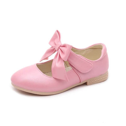 Girls White PU Bow Dress Shoes For School And Special Days - pink PU bow Mary Jane with rubber sole for uniforms and special occasions