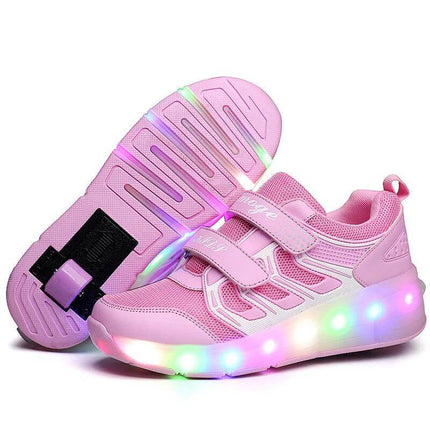 Girls Roller Skates With PU Wheels For Casual Outdoor Fun - pink double-wheel skates with PU wheels and light-up sole for park and neighborhood rides