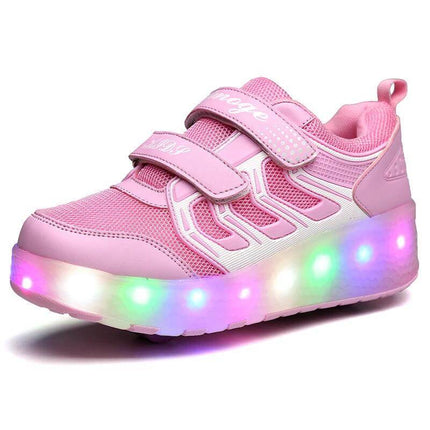 Girls Roller Skates With PU Wheels For Casual Outdoor Fun - pink double-wheel kids skate with LED lights and velcro straps, PU wheels for paved paths