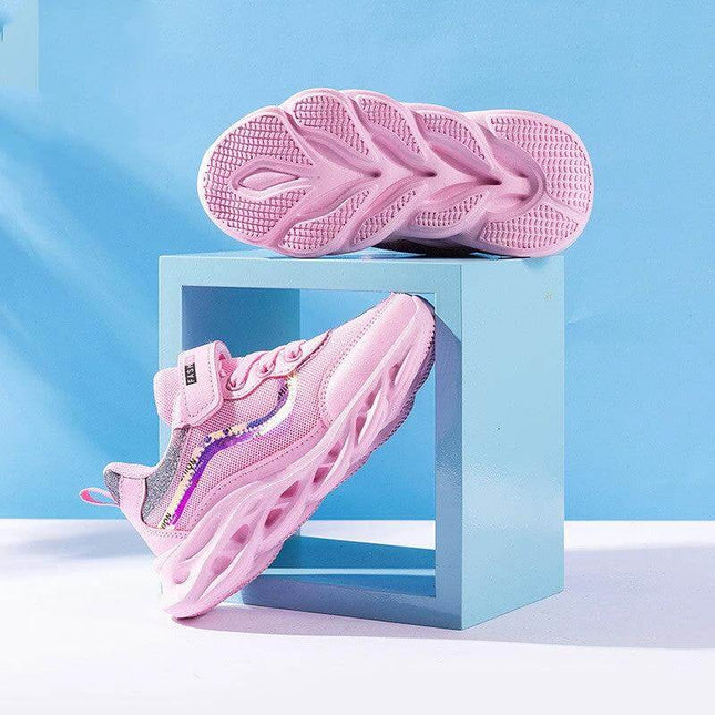 Girls Velcro Sneakers With Breathable Mesh For Daily Wear - pink girls sneaker with Velcro strap, breathable mesh upper, EVA sole and non-slip tread for school and play