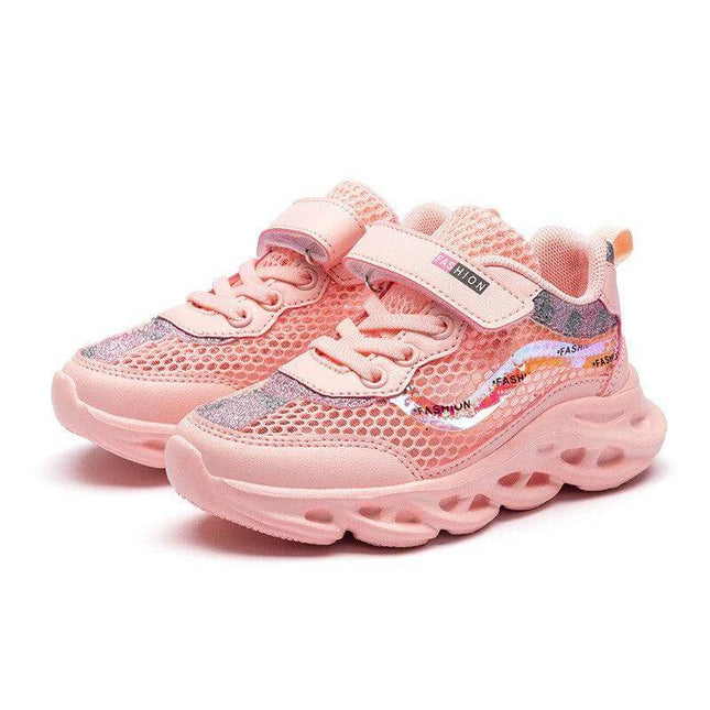 Girls Velcro Sneakers With Breathable Mesh For Daily Wear - pink breathable mesh kids sneakers with Velcro strap, EVA sole, non-slip tread