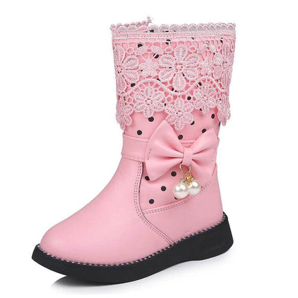Girls Lace Bowknot Cotton Shoes Velvet Trim For Winter - pink girls winter boot with lace cuff, bow and pearl charm