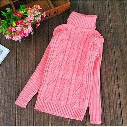 Girls Plus Velvet Thick Double Layer Sweater White - soft pink velvet-textured turtleneck cable knit sweater for girls, thick warm fall/winter layer