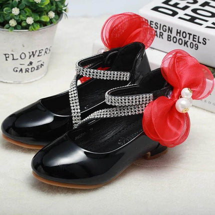 Girls Princess High Heel Dress Shoes For Ages 7 To 12 black patent with rhinestone straps and red flower bow, Velcro closure for quick on/off