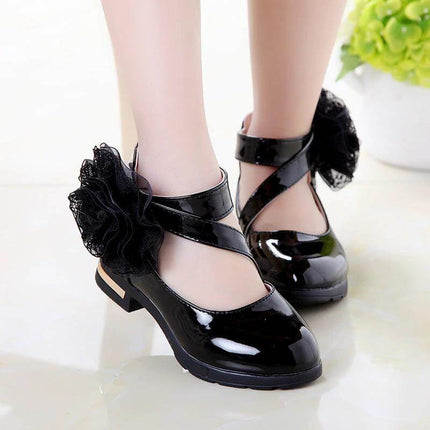 Girls Princess Soft Sole Velcro School Shoes With Flower Detail black patent school shoes with flower and square buckle, PU upper, non-slip sole
