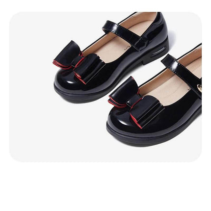 Girls Princess Dress Shoes Breathable Non Slip Red Or Black - black patent mary janes with red-edged bow, breathable microfiber, non-slip sole, kids sizes 4–16